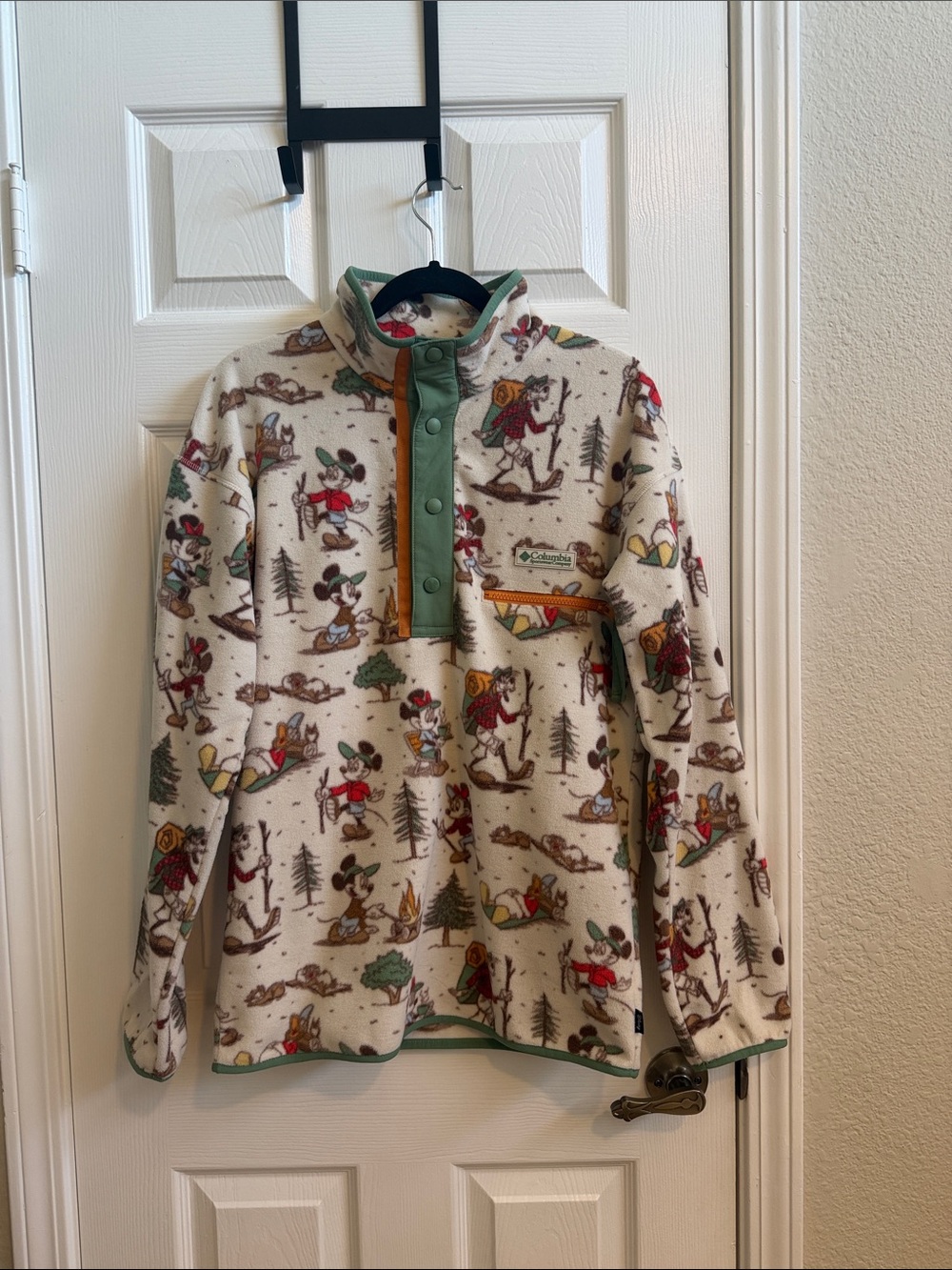 Columbia Cream Fleece Pullover with Mickey Mouse Print and Green Trim